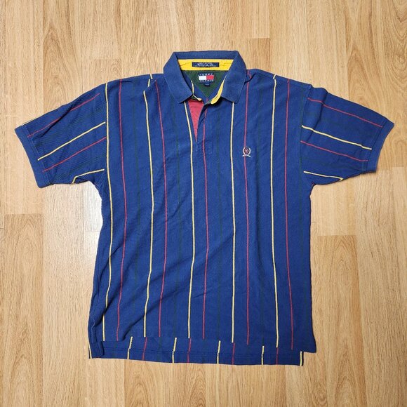Tommy Hilfiger vertical stripes polo shirt men sz L vintage crest logo - Picture 1 of 7